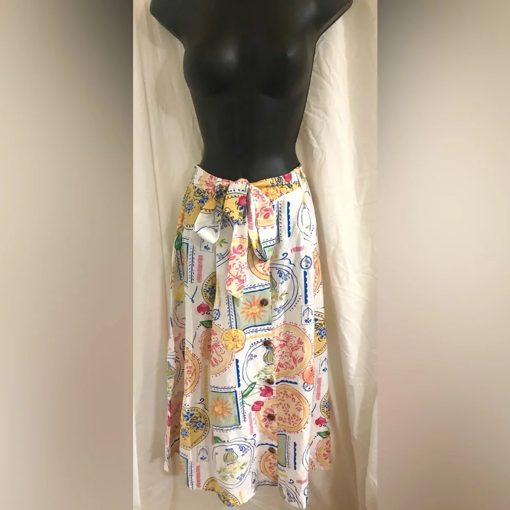 Fruit Celestial multi print boho‎ self tie waist buttoned  skirt size large new